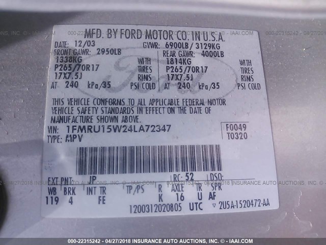 1FMRU15W24LA72347 - 2004 FORD EXPEDITION XLT ვერცხლისფერი ფოტო 9