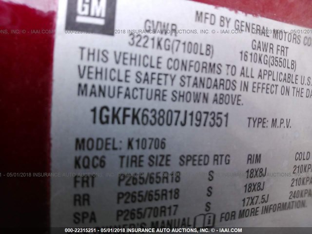 1GKFK63807J197351 - 2007 GMC YUKON DENALI RED photo 9