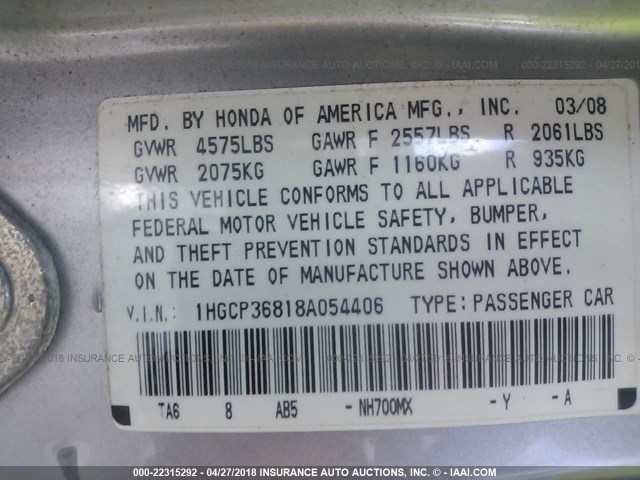 1HGCP36818A054406 - 2008 HONDA ACCORD EXL SILVER photo 9