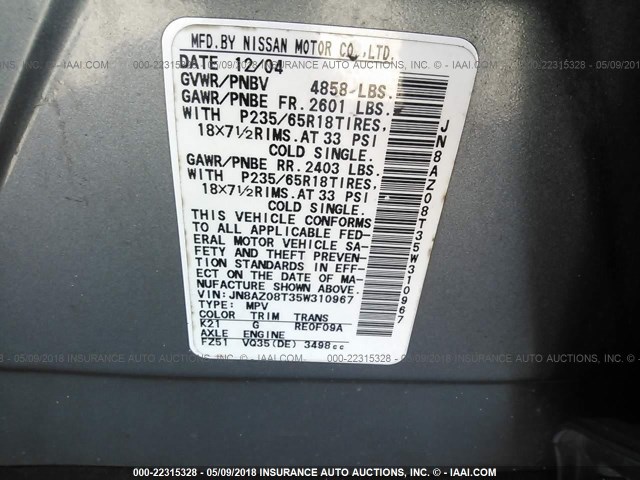 JN8AZ08T35W310967 - 2005 NISSAN MURANO SL/SE/S GRAY photo 9