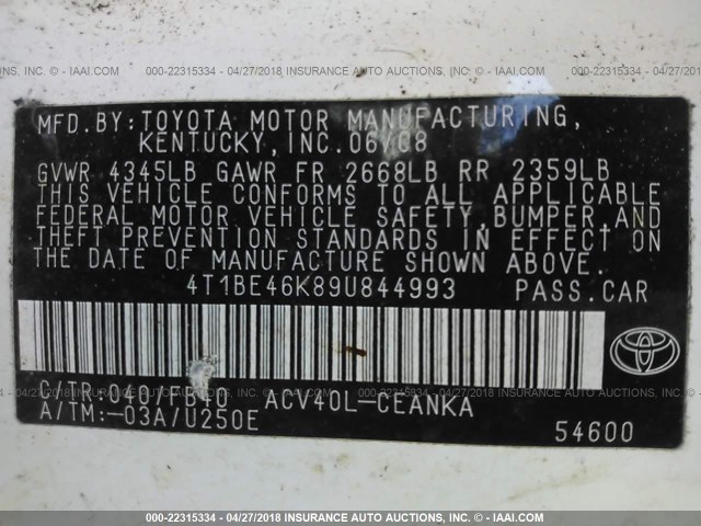 4T1BE46K89U844993 - 2009 TOYOTA CAMRY SE/LE/XLE WHITE photo 9