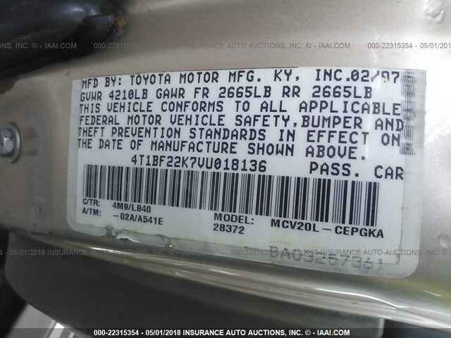 4T1BF22K7VU018136 - 1997 TOYOTA CAMRY CE/LE/XLE GOLD photo 9