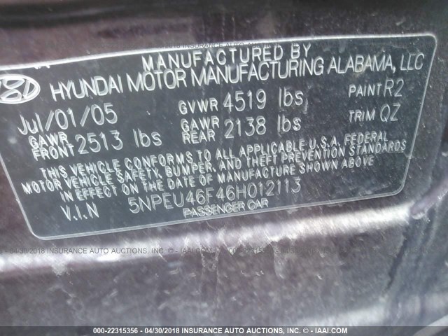 5NPEU46F46H012113 - 2006 HYUNDAI SONATA GLS/LX PURPLE photo 9