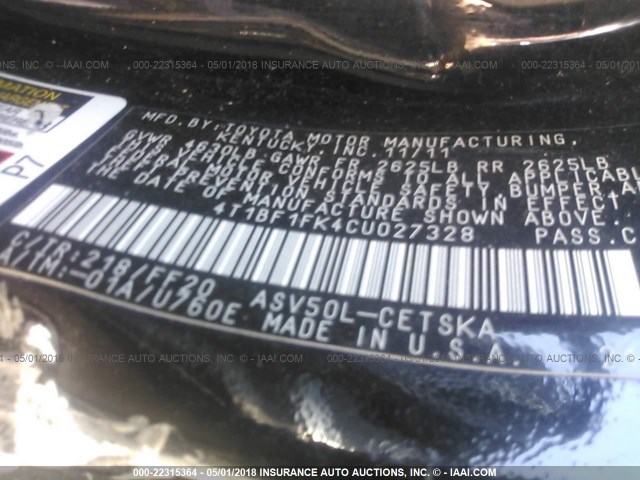 4T1BF1FK4CU027328 - 2012 TOYOTA CAMRY SE/LE/XLE BLACK photo 9