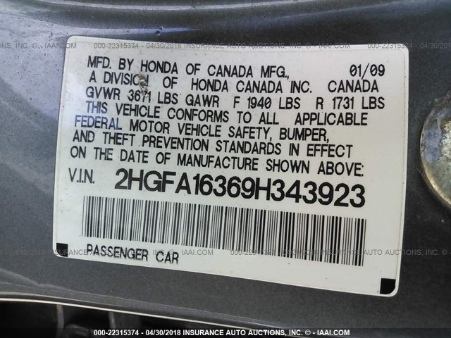 2HGFA16369H343923 - 2009 HONDA CIVIC VP GRAY photo 9