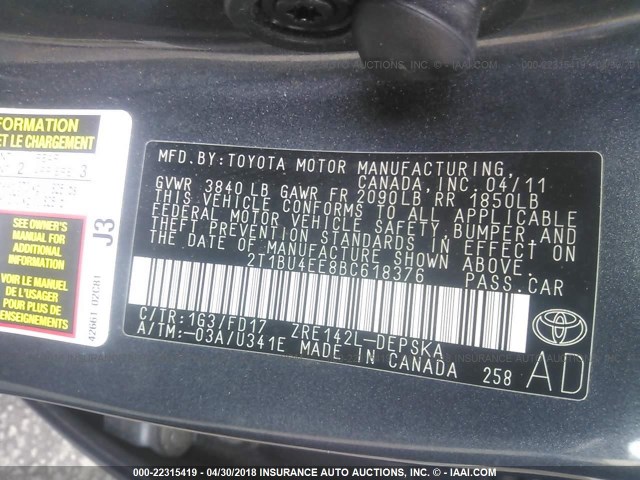 2T1BU4EE8BC618376 - 2011 TOYOTA COROLLA S/LE GRAY photo 9