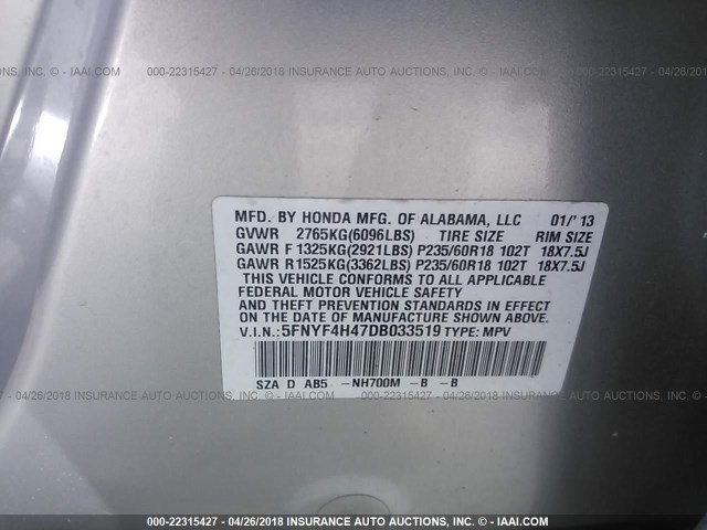 5FNYF4H47DB033519 - 2013 HONDA PILOT EX SILVER photo 9