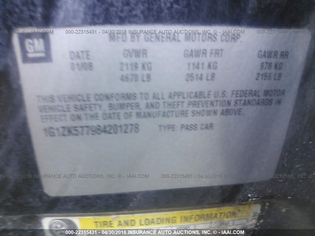 1G1ZK577984201278 - 2008 CHEVROLET MALIBU LTZ 灰色 照片 9