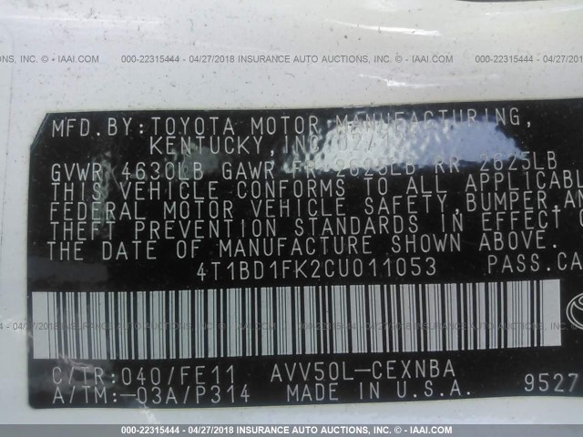 4T1BD1FK2CU011053 - 2012 TOYOTA CAMRY HYBRID/LE/XLE 白色 照片 9