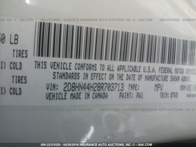 2D8HN44H28R703713 - 2008 DODGE GRAND CARAVAN SE WHITE photo 9