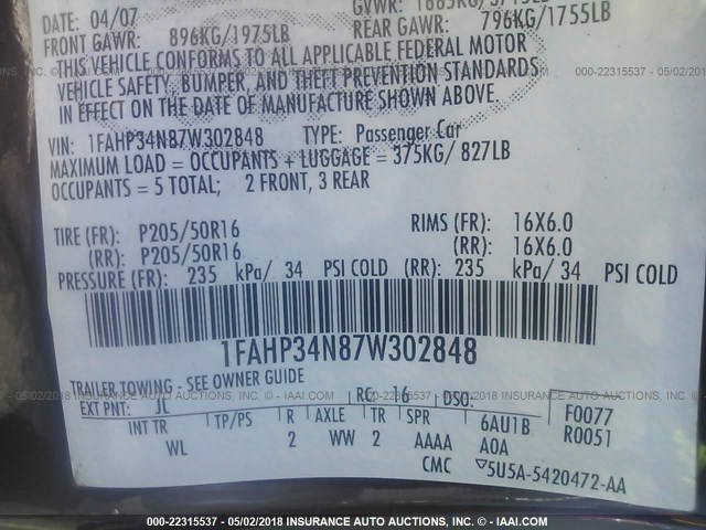 1FAHP34N87W302848 - 2007 FORD FOCUS ZX4/S/SE/SES 红色 照片 9