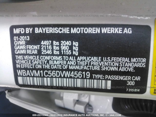 WBAVM1C56DVW45619 - 2013 BMW X1 SDRIVE28I WHITE photo 9