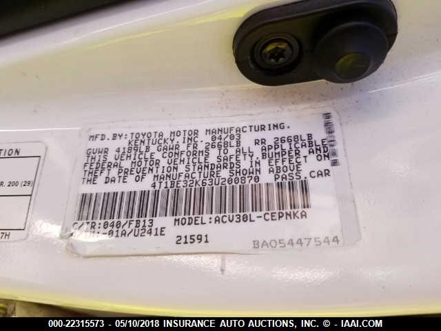 4T1BE32K63U200870 - 2003 TOYOTA CAMRY LE/XLE/SE თეთრი ფოტო 9