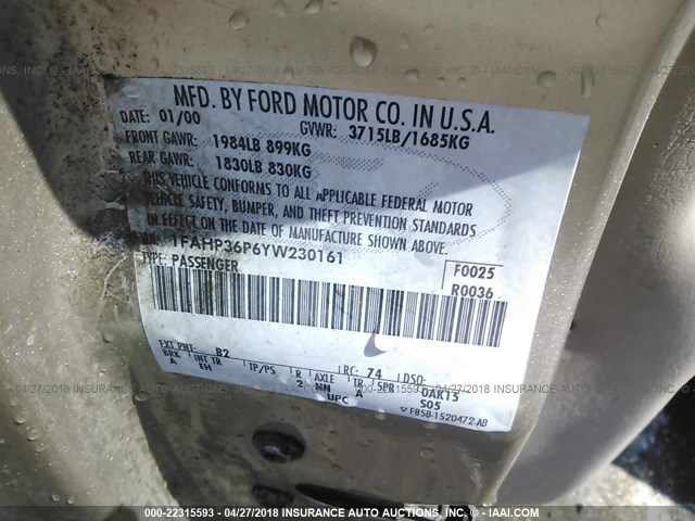 1FAHP36P6YW230161 - 2000 FORD FOCUS SE/SE COMFORT TAN photo 9