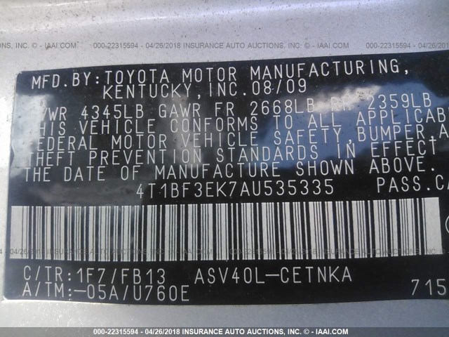 4T1BF3EK7AU535335 - 2010 TOYOTA CAMRY SE/LE/XLE 银色 照片 9