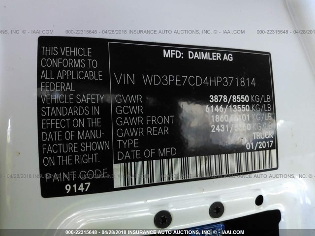 WD3PE7CD4HP371814 - 2017 MERCEDES-BENZ SPRINTER 2500 WHITE photo 9