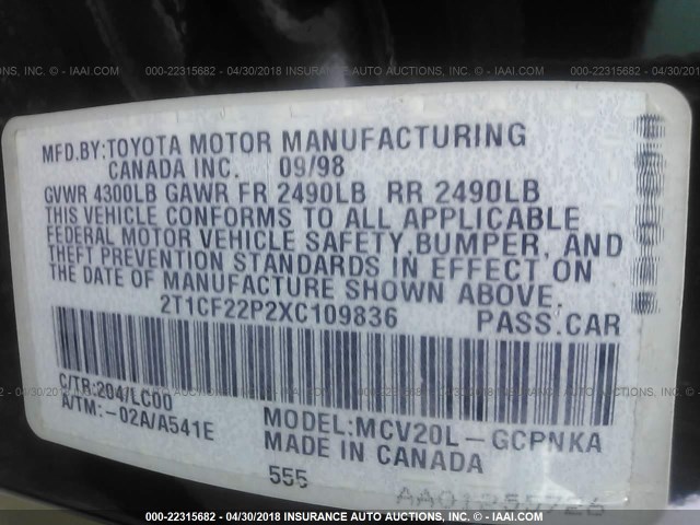 2T1CF22P2XC109836 - 1999 TOYOTA CAMRY SOLARA SE/SLE BLACK photo 9