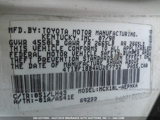 4T1BF18B4WU287732 - 1998 TOYOTA AVALON XL/XLS WHITE photo 9