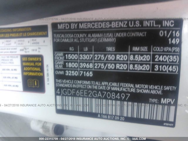 4JGDF6EE2GA708497 - 2016 MERCEDES-BENZ GL 450 4MATIC WHITE photo 9