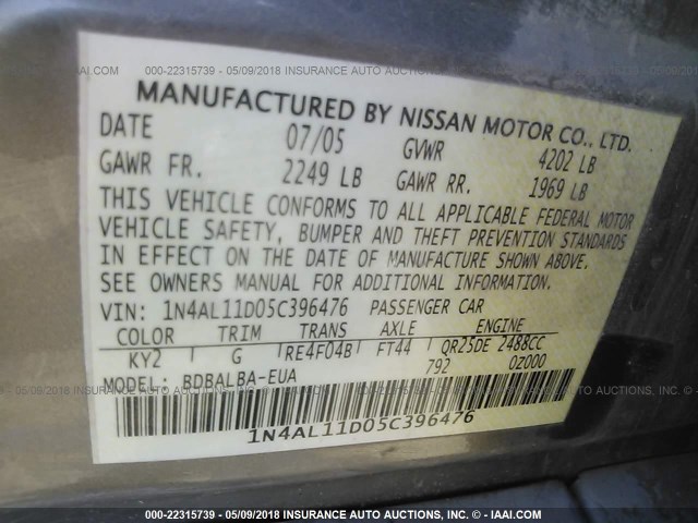 1N4AL11D05C396476 - 2005 NISSAN ALTIMA S/SL GRAY photo 9