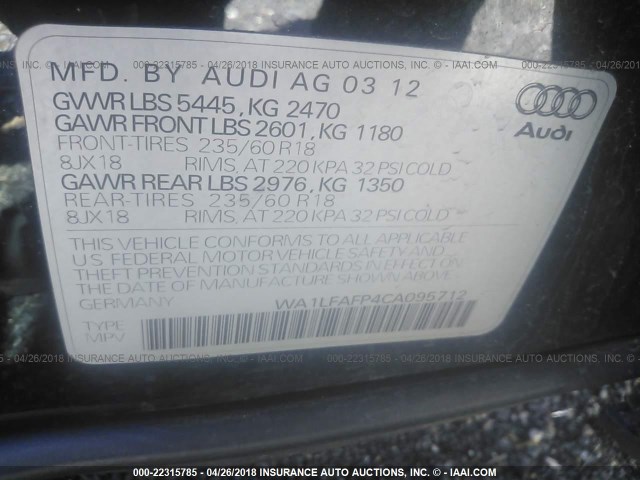 WA1LFAFP4CA095712 - 2012 AUDI Q5 PREMIUM PLUS BLACK photo 9