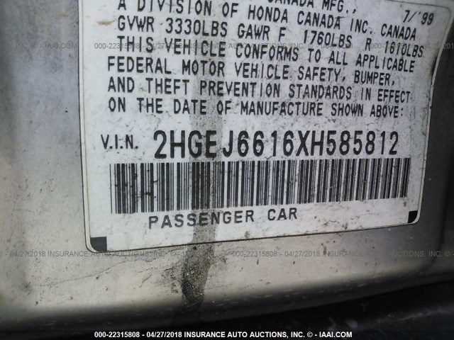 2HGEJ6616XH585812 - 1999 HONDA CIVIC SE SILVER photo 9