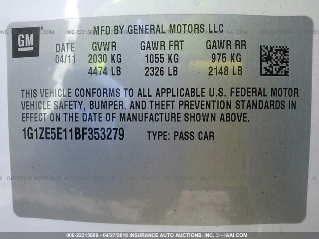 1G1ZE5E11BF353279 - 2011 CHEVROLET MALIBU LTZ WHITE photo 9