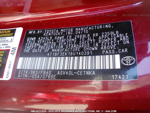 4T1BF3EK1BU140391 - 2011 TOYOTA CAMRY SE/LE/XLE RED photo 9