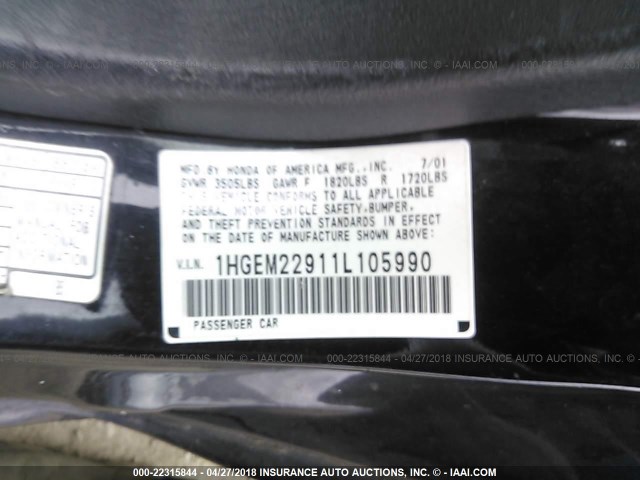 1HGEM22911L105990 - 2001 HONDA CIVIC SI/EX BLACK photo 9