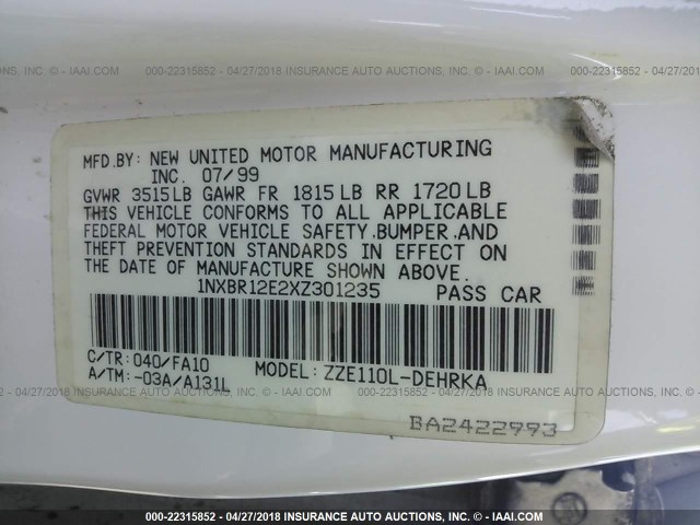 1NXBR12E2XZ301235 - 1999 TOYOTA COROLLA VE/CE/LE 白色 照片 9