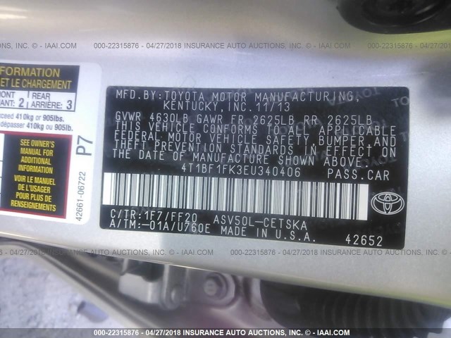 4T1BF1FK3EU340406 - 2014 TOYOTA CAMRY L/SE/LE/XLE 银色 照片 9