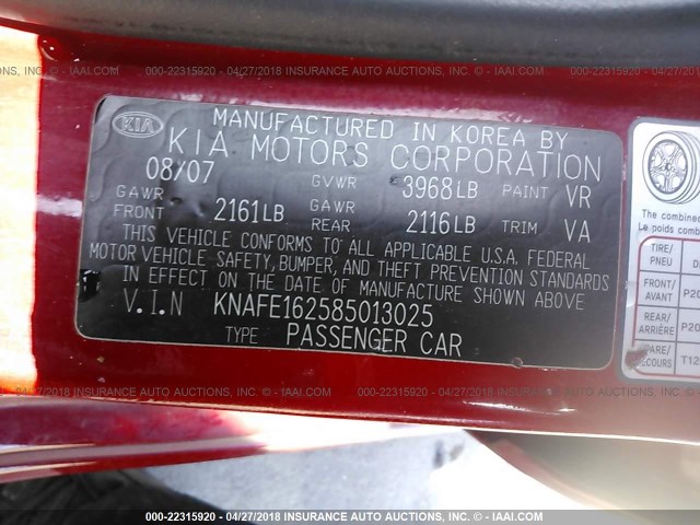 KNAFE162585013025 - 2008 KIA SPECTRA5 5 SX RED photo 9