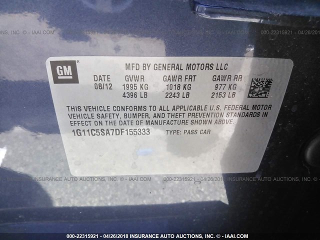 1G11C5SA7DF155333 - 2013 CHEVROLET MALIBU 1LT 蓝色 照片 9