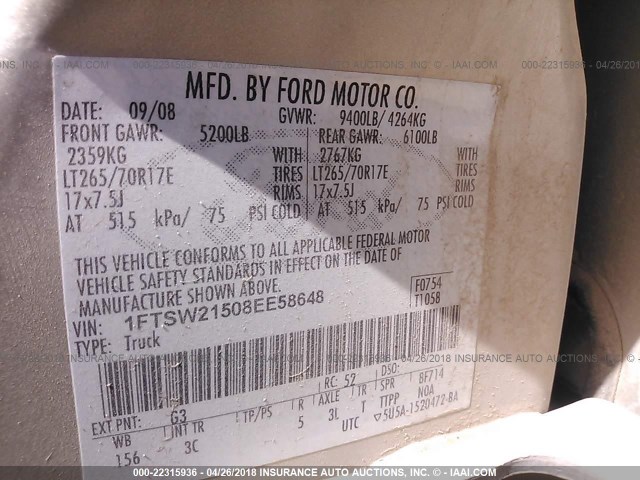 1FTSW21508EE58648 - 2008 FORD F250 SUPER DUTY GOLD photo 9