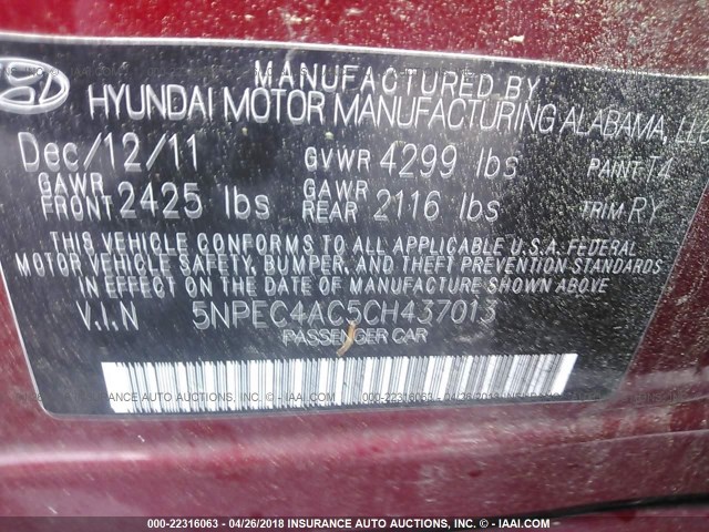 5NPEC4AC5CH437013 - 2012 HYUNDAI SONATA SE/LIMITED RED photo 9