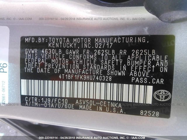 4T1BF1FK9HU740328 - 2017 TOYOTA CAMRY LE/XLE/SE/XSE SILVER photo 9