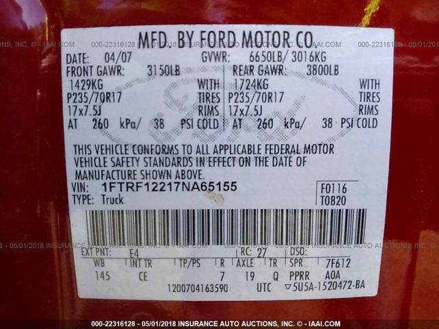 1FTRF12217NA65155 - 2007 FORD F150 RED photo 9