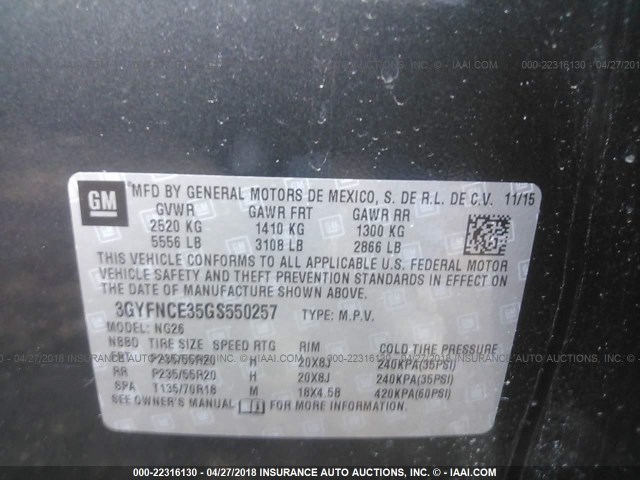 3GYFNCE35GS550257 - 2016 CADILLAC SRX PERFORMANCE COLLECTION Сұр фото 9