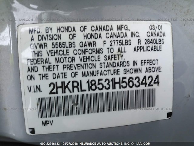 2HKRL18531H563424 - 2001 HONDA ODYSSEY LX SILVER photo 9