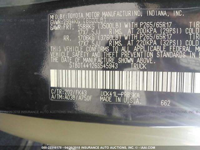 5TBDT44126S545943 - 2006 TOYOTA TUNDRA DOUBLE CAB SR5 BLACK photo 9