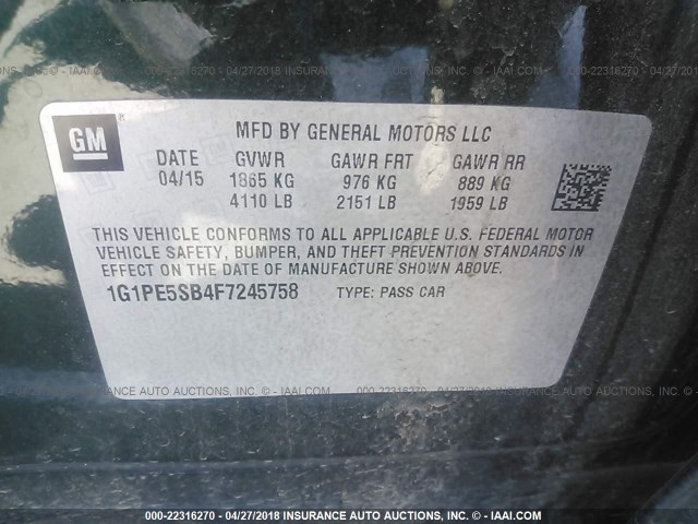 1G1PE5SB4F7245758 - 2015 CHEVROLET CRUZE LT GREEN photo 9