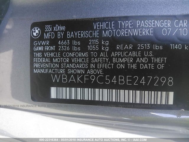 WBAKF9C54BE247298 - 2011 BMW 335 XI SILVER photo 9