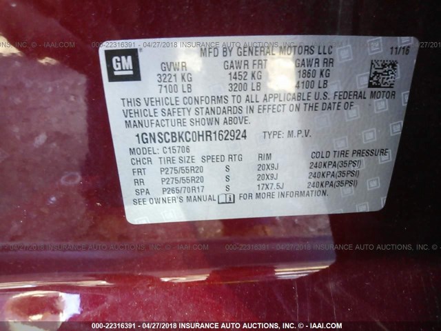 1GNSCBKC0HR162924 - 2017 CHEVROLET TAHOE C1500 LT MAROON photo 9