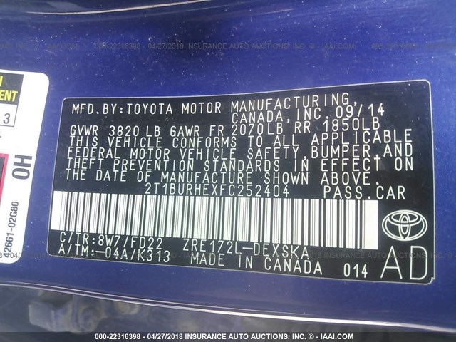 2T1BURHEXFC252404 - 2015 TOYOTA COROLLA L/LE/LE PLS/PRM/S/S PLS BLUE photo 9