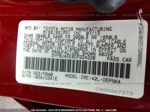5YFBU4EE8DP224220 - 2013 TOYOTA COROLLA S/LE RED photo 9