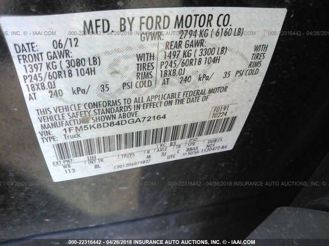 1FM5K8D84DGA72164 - 2013 FORD EXPLORER XLT BLACK photo 9