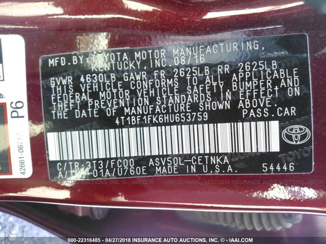 4T1BF1FK6HU653759 - 2017 TOYOTA CAMRY LE/XLE/SE/XSE MAROON photo 9