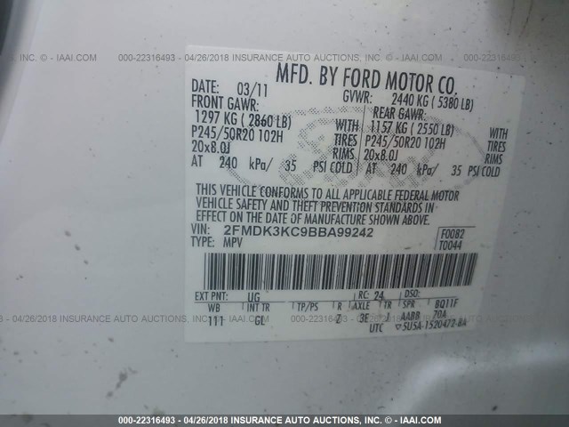 2FMDK3KC9BBA99242 - 2011 FORD EDGE LIMITED WHITE photo 9