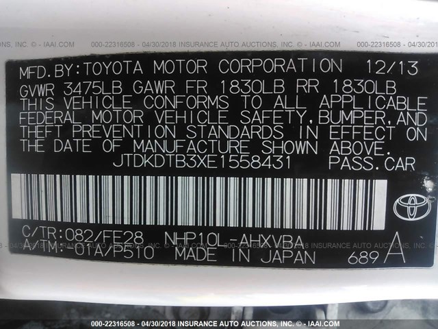 JTDKDTB3XE1558431 - 2014 TOYOTA PRIUS C WHITE photo 9