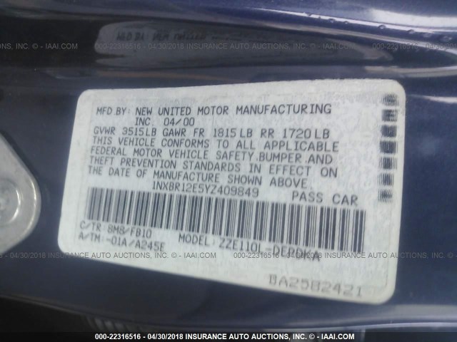 1NXBR12E5YZ409849 - 2000 TOYOTA COROLLA VE/CE/LE 蓝色 照片 9